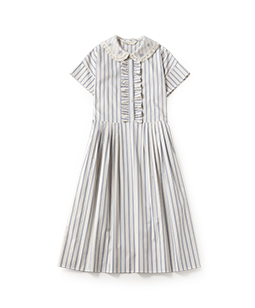 Satin stripe flower embroidery collar dress