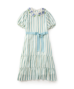 Satin stripes pansy embroidery collar dress