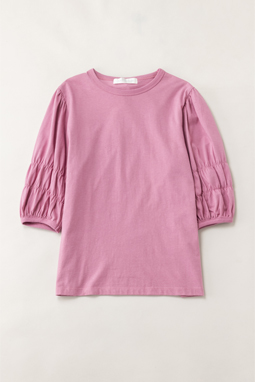 Shirring sleeve back-ribbon pullover