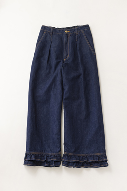 Cotton linen denim frill hem pants