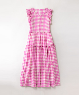 Shirring check tiered dress