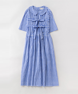 Shirring gingham ribbon-trim dress
