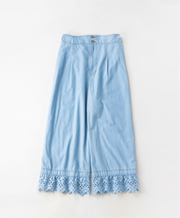 Light denim lace-trim pants